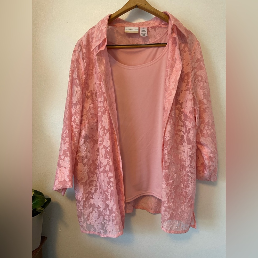 Alfred Dunner Pink Lace Button Down & Tank Set | Romantic Soft Girl Style
